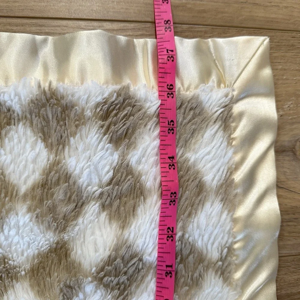 HB Beige‎ White Checkered Plush Satin Trim Back Baby Blanket Lovey Blanky 37x29
